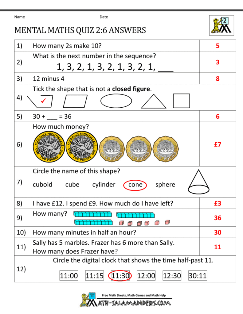 Printable Mental Maths Worksheets for Year 2 Printable mental maths quiz for Year 2 students with various questions