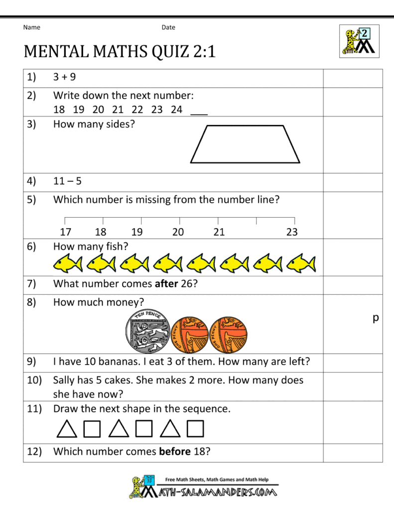 Engaging printable mental maths quiz for Year 2 students
