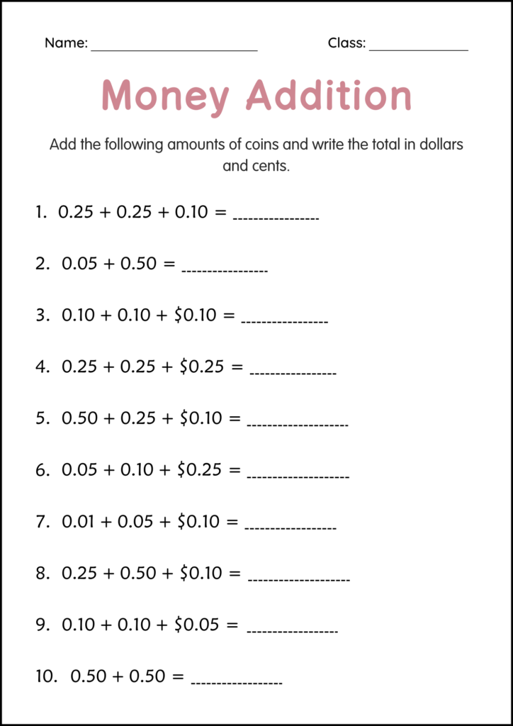 Money addition worksheets for grades 2-4 with various coin addition problems