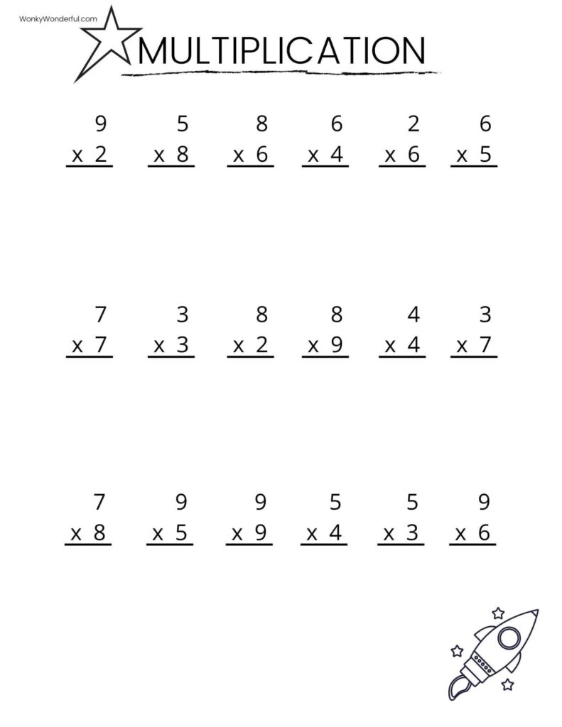 Printable multiplication worksheets featuring various multiplication problems for students