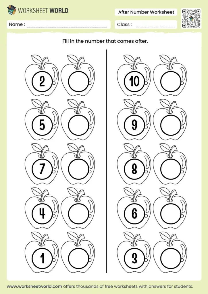 Printable School Agers Math Worksheeets – Printable School Agers Math Worksheets – After Number Worksheet Printable School Agers Math Worksheeets - Free printable after number worksheet for early learners featuring apples and numbe