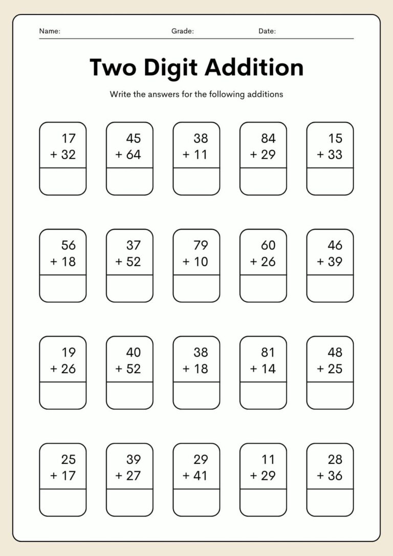 Printable Year 2 Maths Worksheets featuring two digit addition problems for students to solve