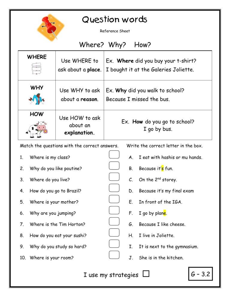 Free printable Question Worksheet For Grade 2 with question words and matching exercises