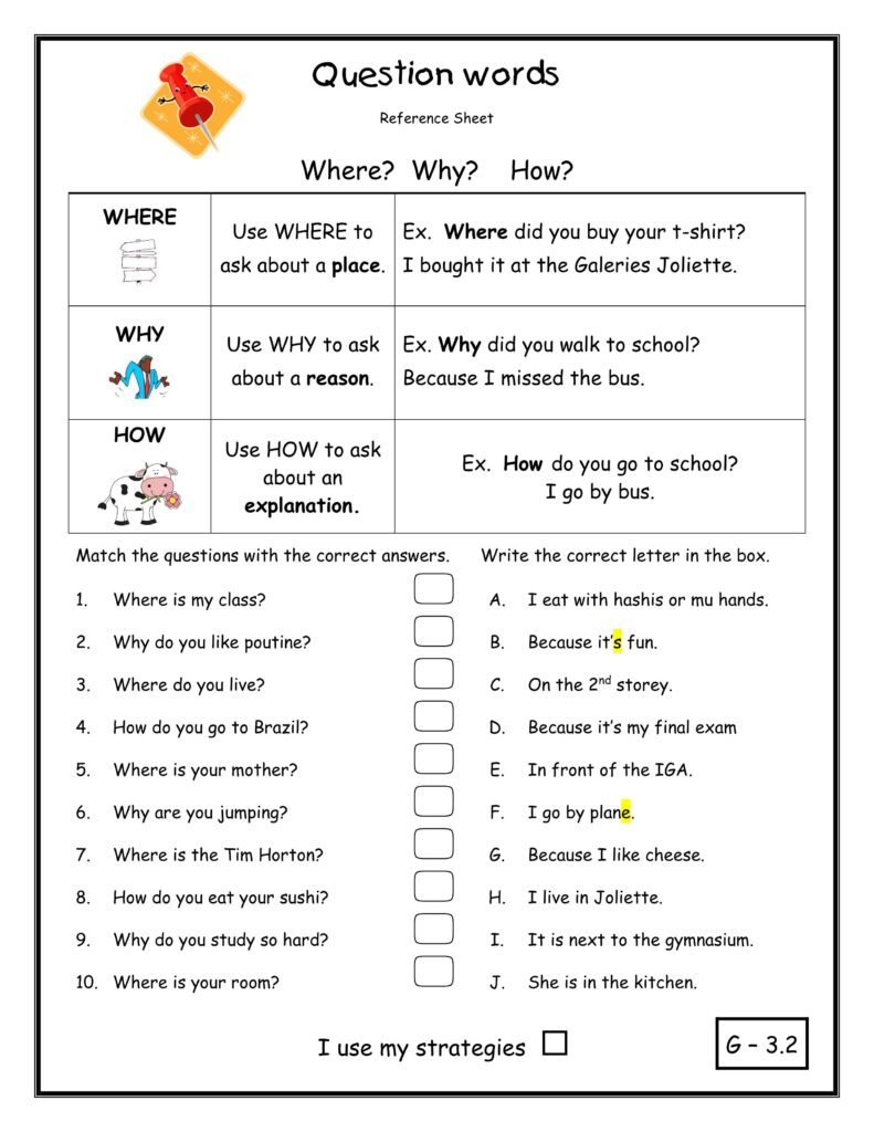 Question Worksheet for Grade 2
