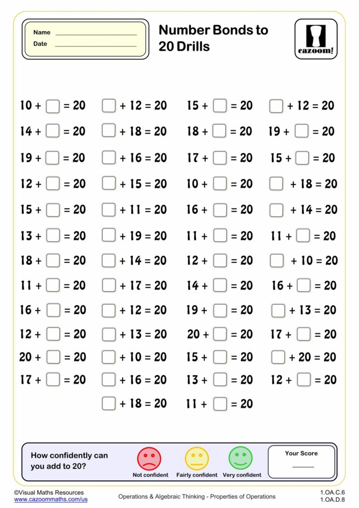 Free printable Quick Drills To 20 Worksheet featuring number bonds to 20 with 50 questions