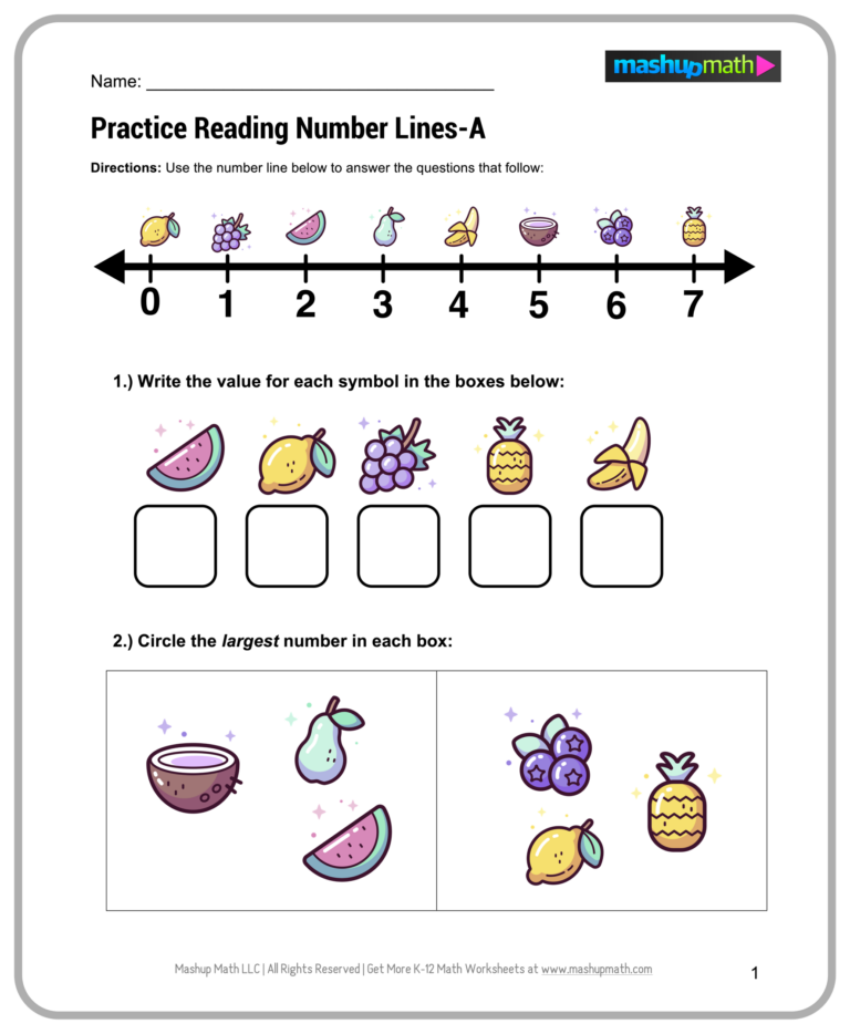 Read Write Draw Math Worksheets - Engaging free printable 1st grade math worksheets featuring number lines and fruit illustra