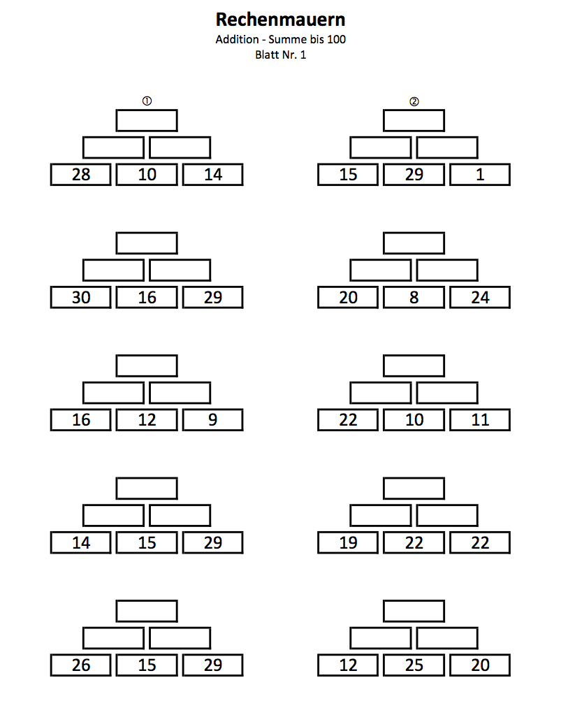 Printable Rechenmauern worksheet for addition up to 100