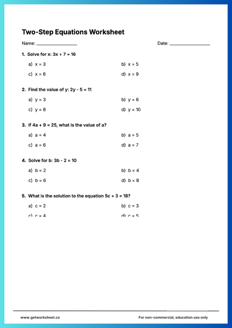 Represent Step Computation Math Worksheets - Free printable two step equations worksheet for solving equations with variables