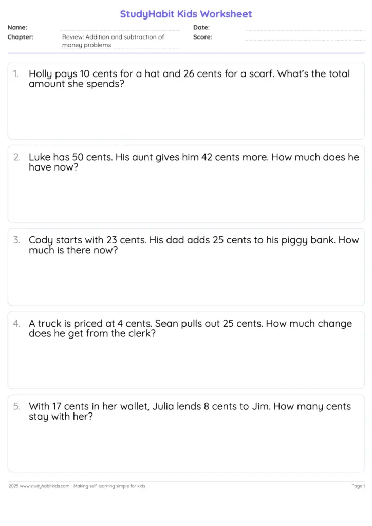 Worksheet reviewing addition and subtraction of money problems for young learners