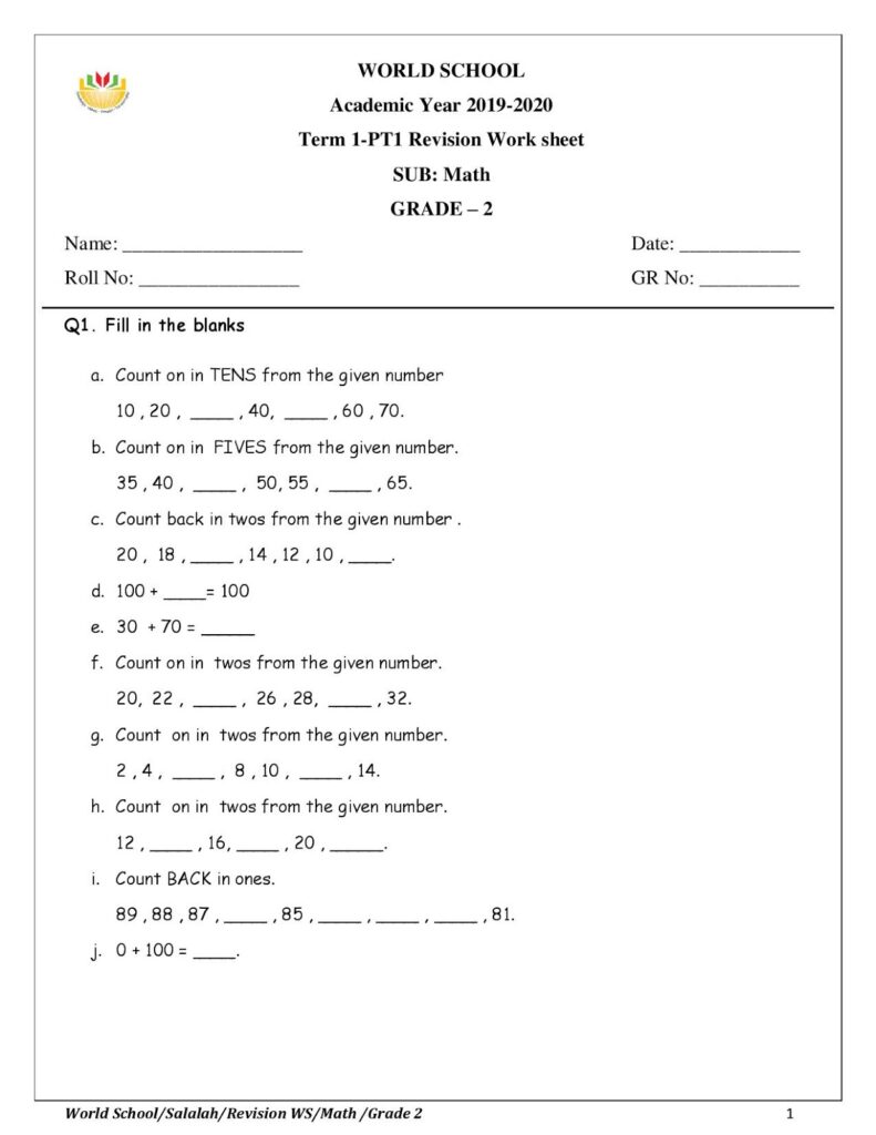 Grade 2 Maths revision worksheet with fill-in-the-blank questions for counting