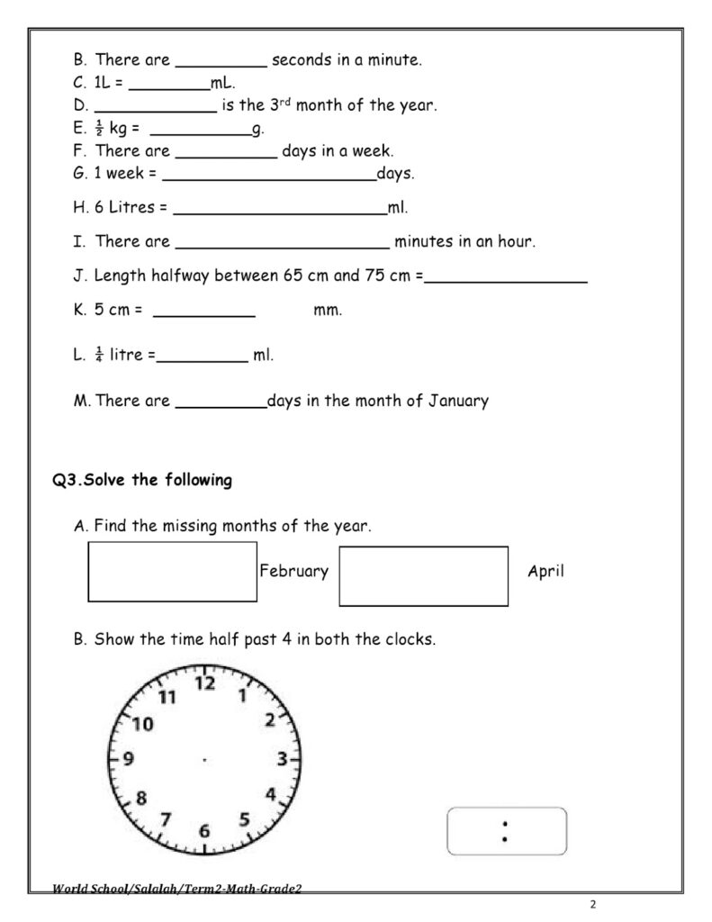 Grade 2 revision worksheet featuring various math problems for practice