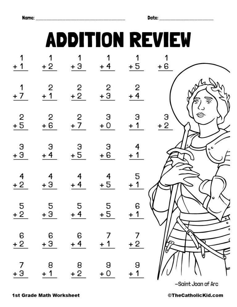 Rocket Math Work Sheets For 2nd Grade - Printable addition review worksheet for 2nd grade featuring math problems and a saint