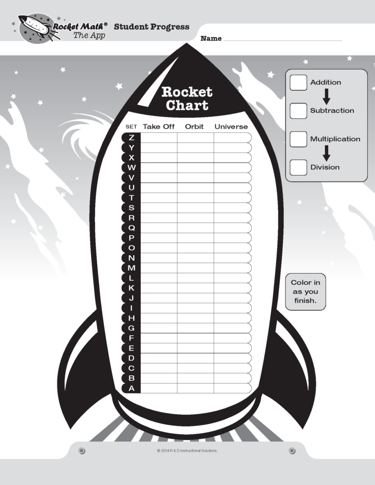 Free printable Rocket Math Worksheets 2nd Grade student progress chart for tracking math skills