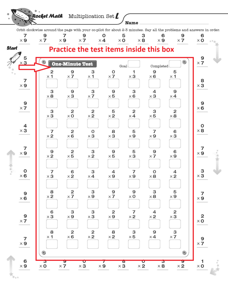 Free printable Rocket Math Worksheets Grade 2 featuring a one-minute multiplication test