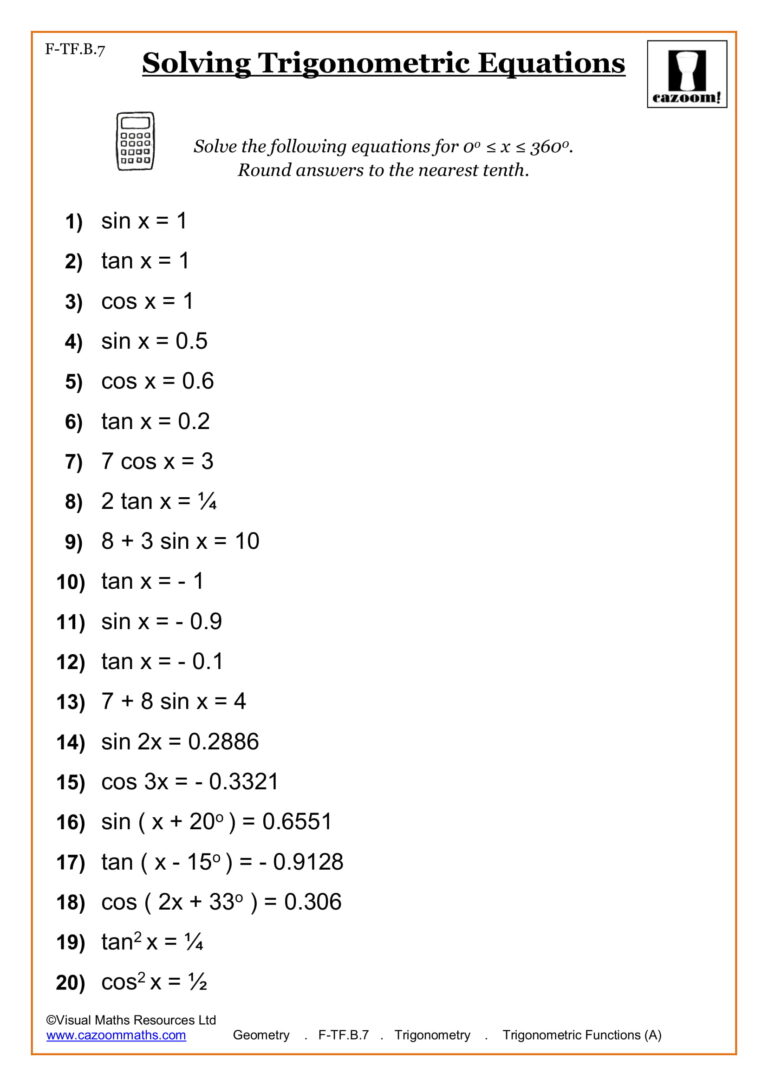 School Math Worksheets To Print - Printable high school math worksheet for solving trigonometric equations with various probl