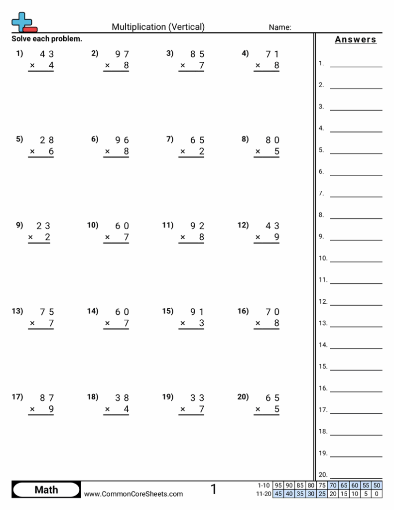 Printable vertical multiplication worksheet with problems for students to solve