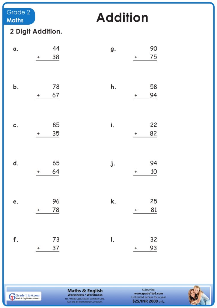 Second grade double digit addition worksheet with various addition problems