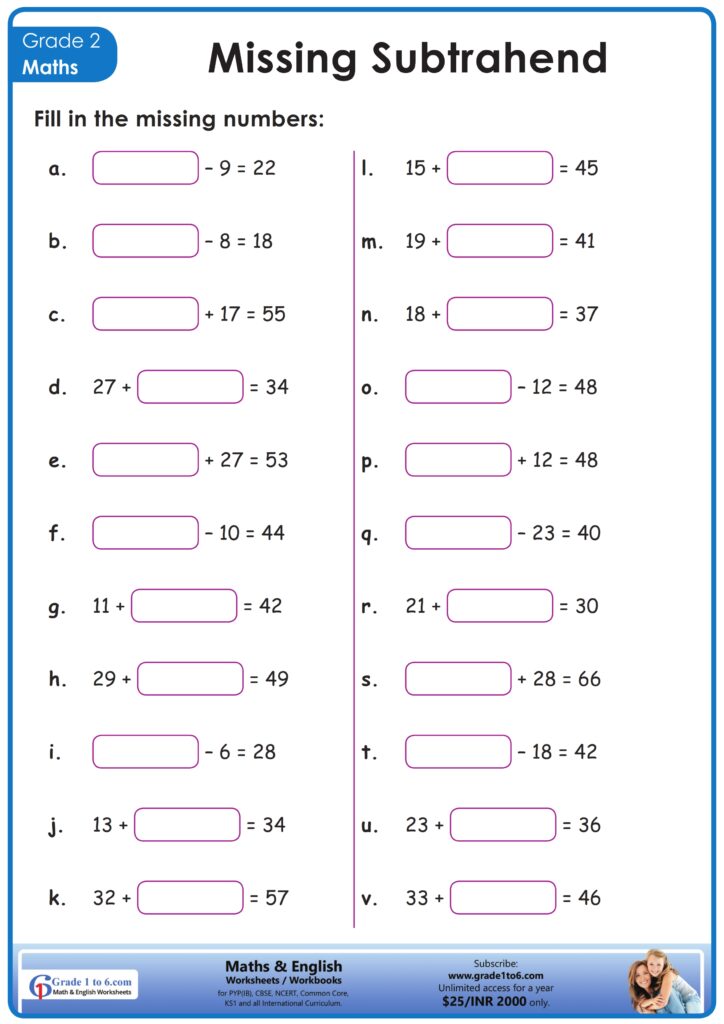 Worksheet for second grade students to practice missing subtrahend in subtraction