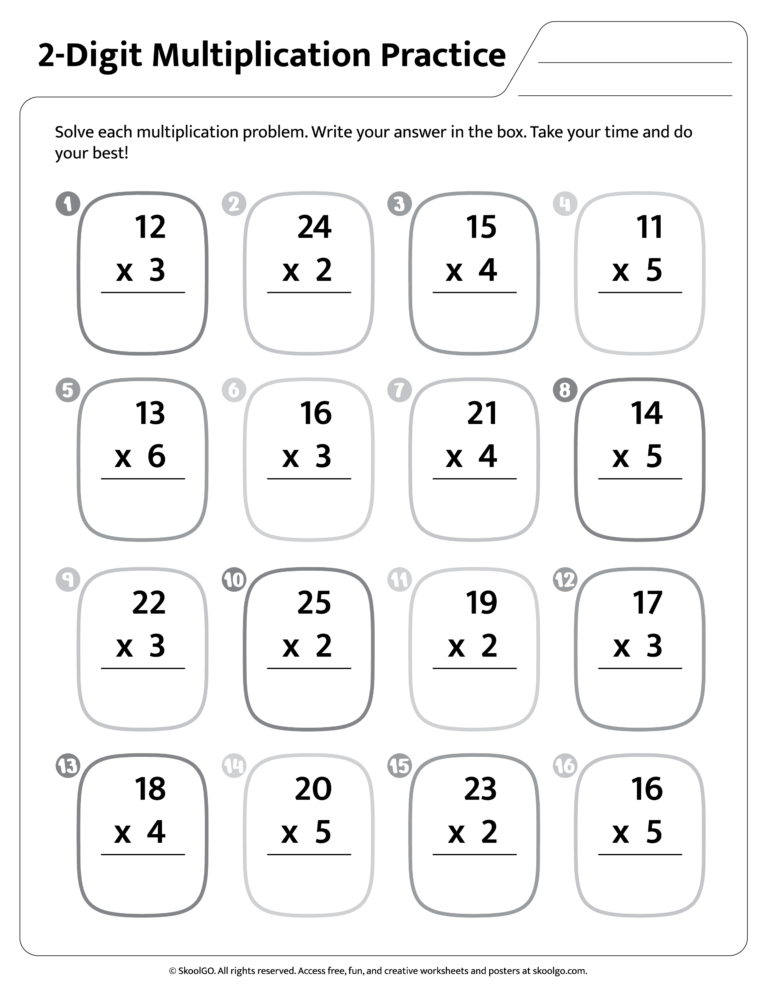 Free printable 2-digit multiplication practice worksheet for second grade math fact drills worksheets to print