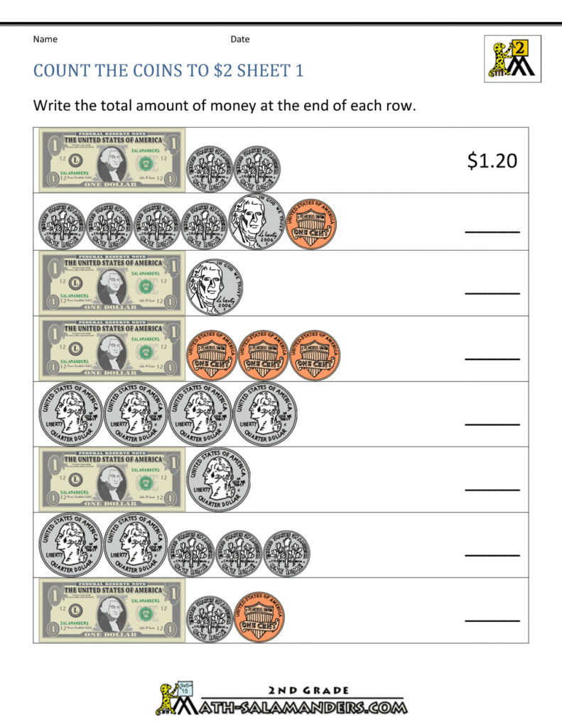 Engaging sheet of second grade math worksheets focusing on counting money with various coins