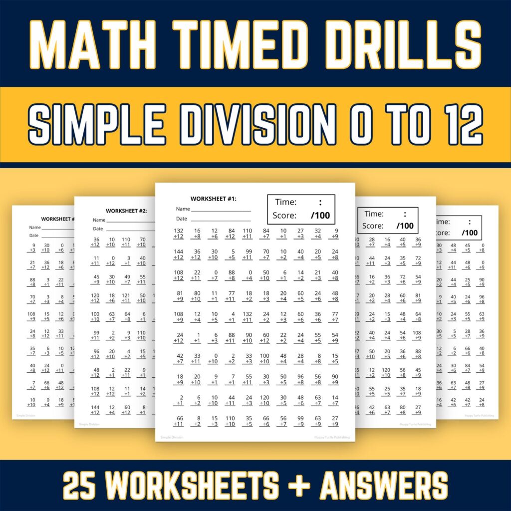 Collection of simple division worksheets for timed practice 0 to 12