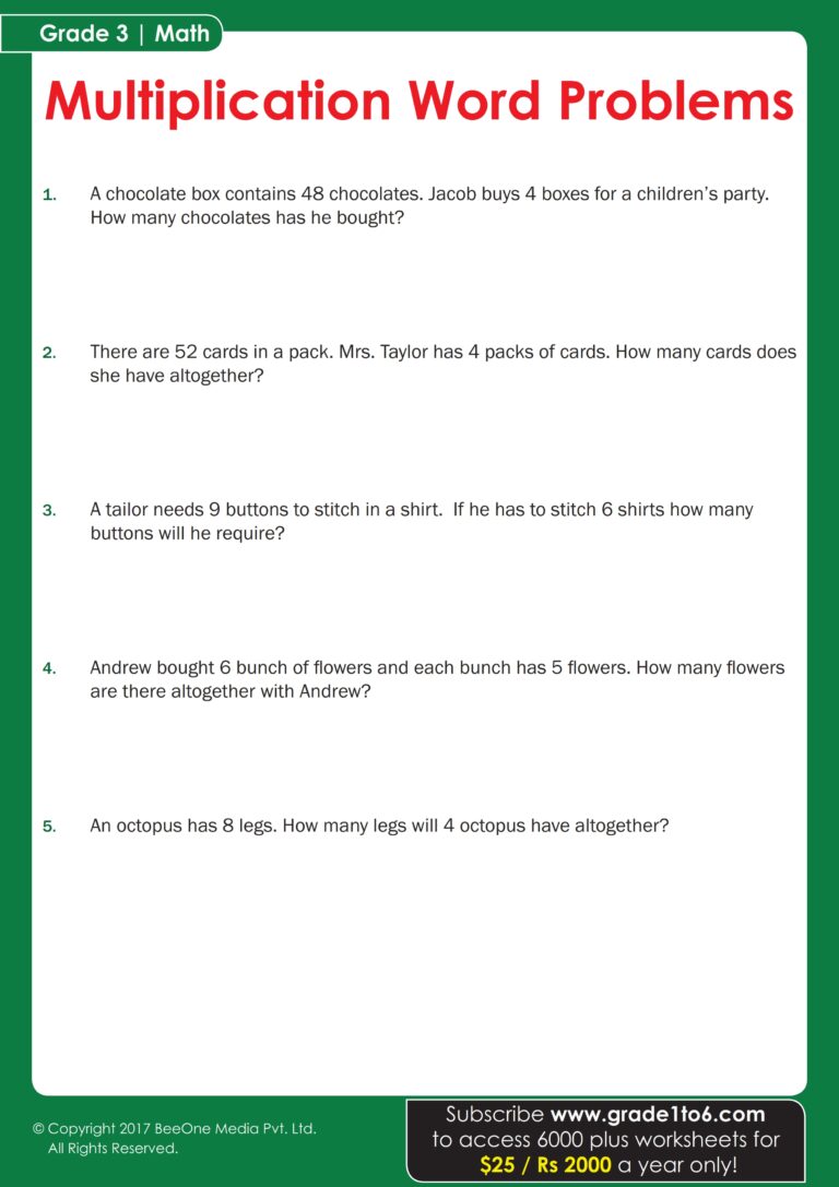 Free printable Simple Multi Math Problems Worksheet featuring multiplication word problems for third grade