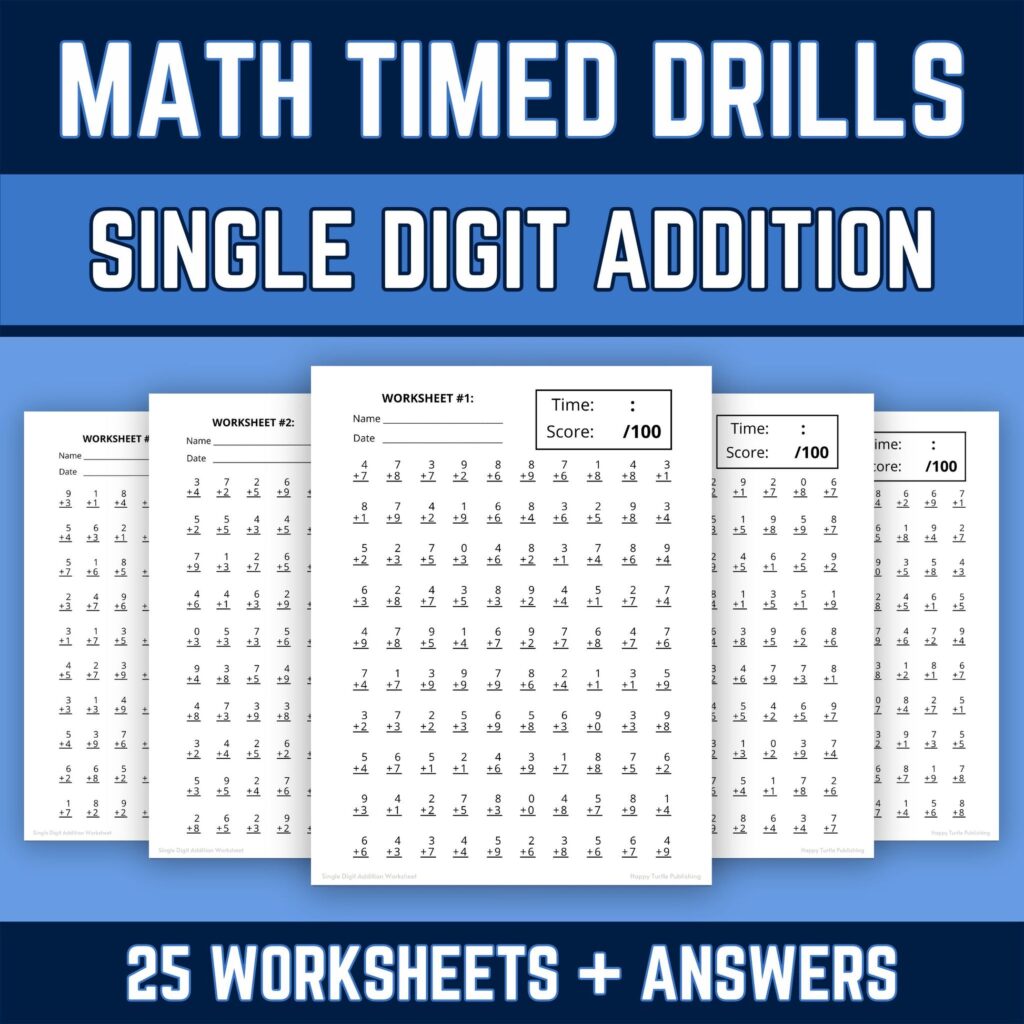 Single Digit Addition Worksheets with Answer Keys Collection of single digit addition worksheets featuring answer keys for timed drills