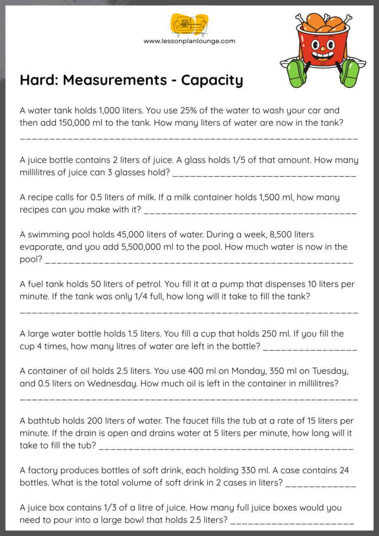 Free printable Soft School Free Math Worksheets featuring hard measurements and capacity problems