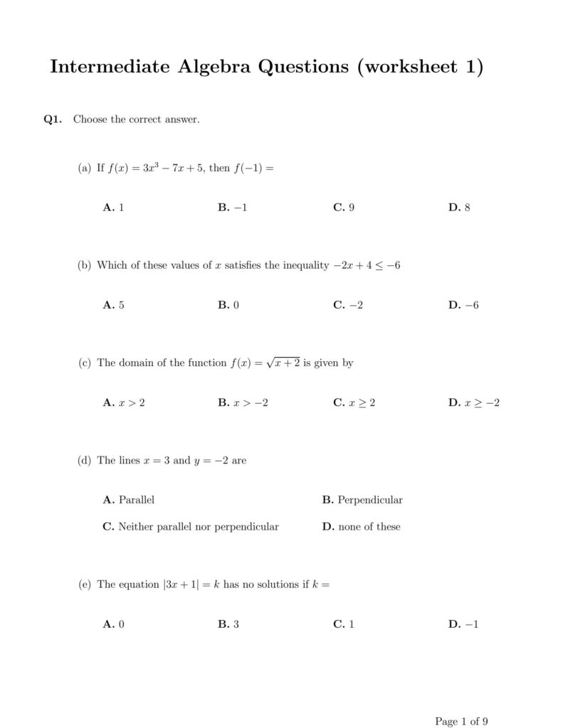 SOLUTION: Intermediate algebra questions worksheet 1 – Studypool … SOLUTION: Intermediate algebra questions worksheet 1 - Studypool ...