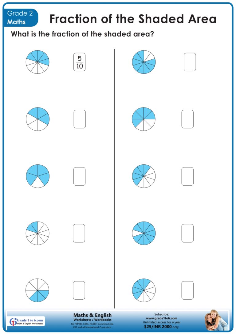 Solve And Shade Maths Worksheets featuring fractions of shaded areas for second graders
