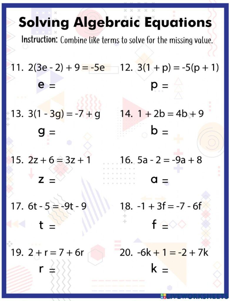 Solving Algebraic Equations worksheet – Worksheets Library Solving Algebraic Equations worksheet - Worksheets Library