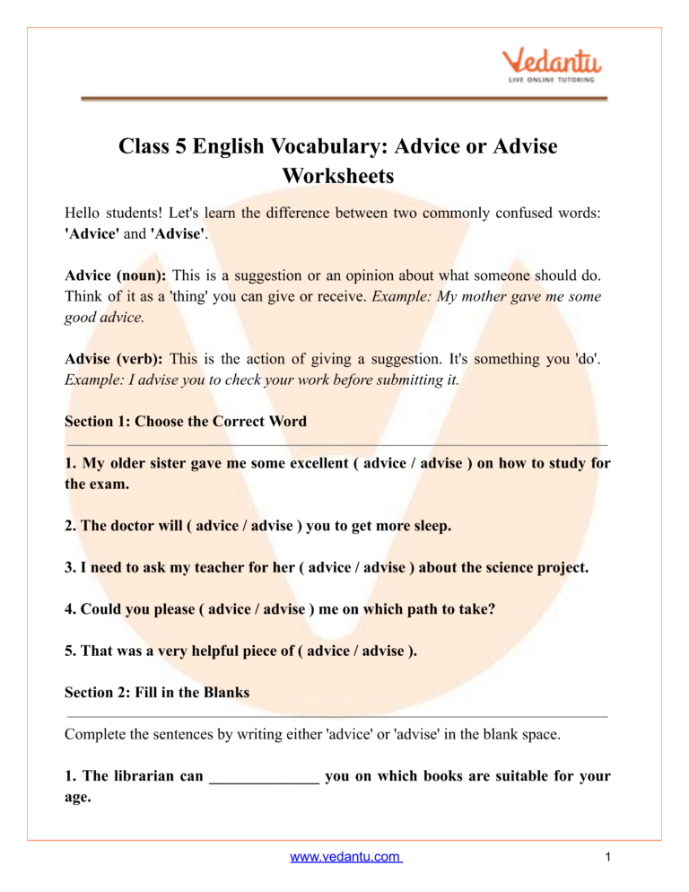 Some Friendly Advice Math Worksheet Answers - Class 5 vocabulary worksheet explaining advice and advise with examples and exe