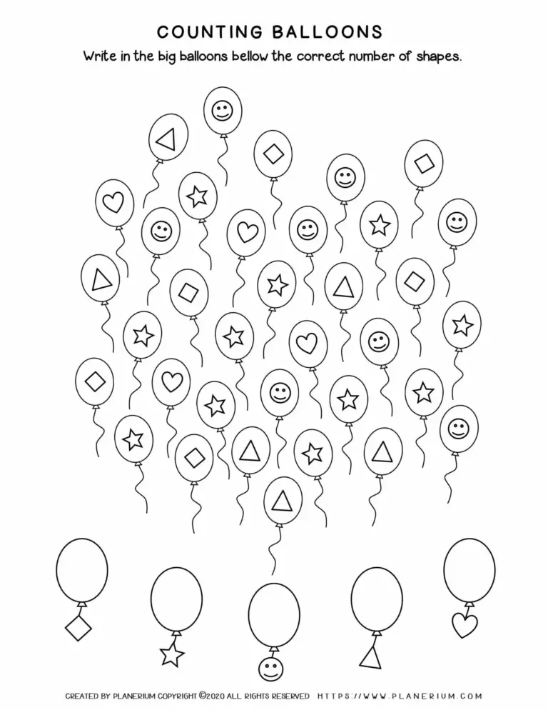 Free printable Sort By Grade Math Worksheets featuring counting and sorting balloons by shape