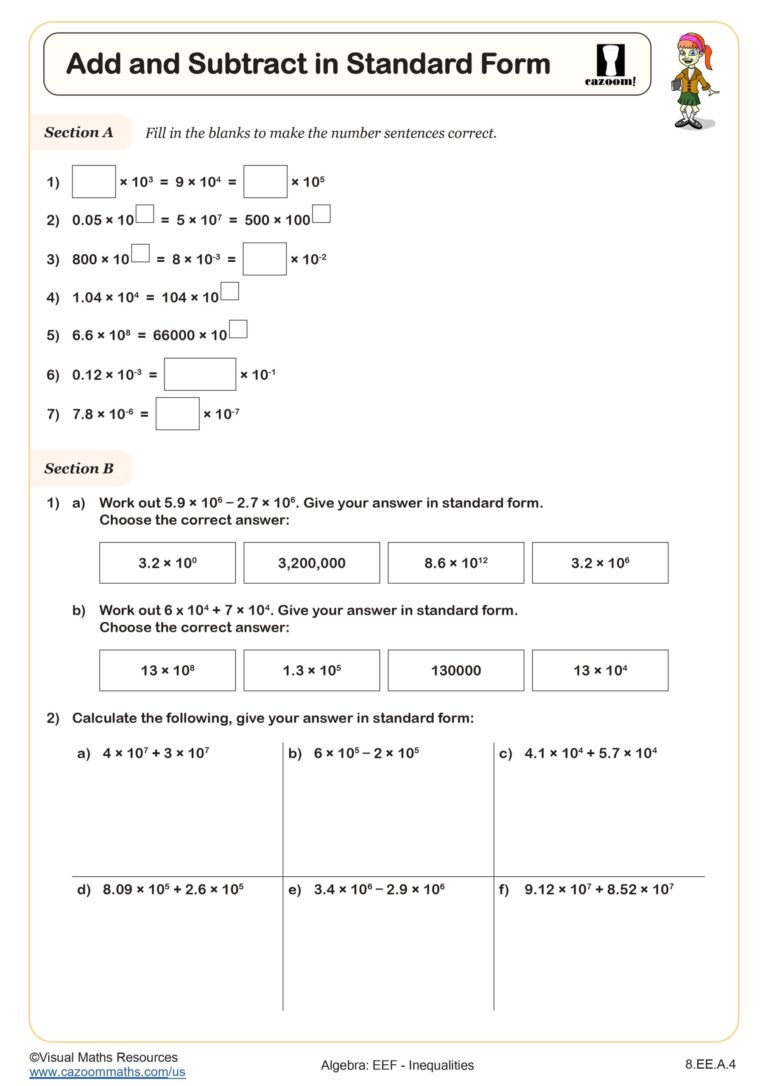 Free printable worksheet for adding and subtracting in standard form, part of Staffweb Business Math Worksheets With Answers