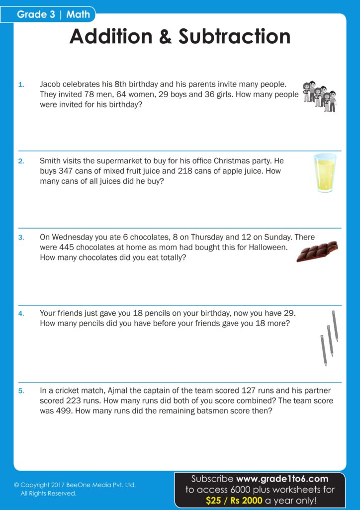 Free printable Story Problems Math Worksheets Free featuring grade 3 subtraction exercises