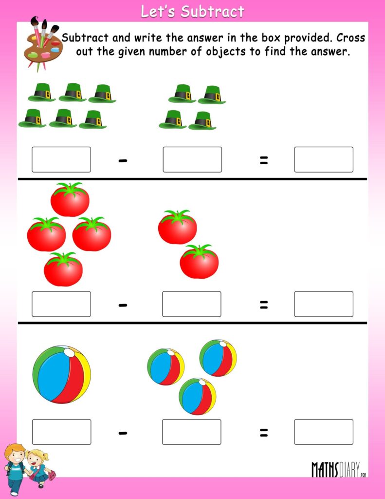 Interactive worksheet for kids to practice subtraction by crossing out objects