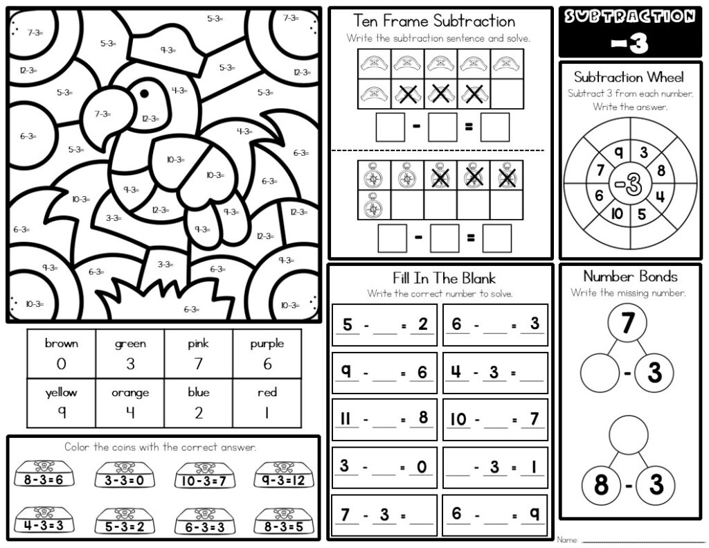 Subtraction facts worksheet featuring various exercises for 2nd and 3rd grade students
