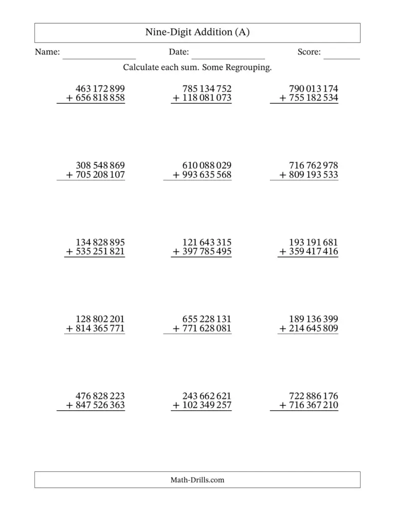 Sum Up Math Worksheet Answers - Nine-digit addition worksheet with regrouping for math practice, featuring various addition p