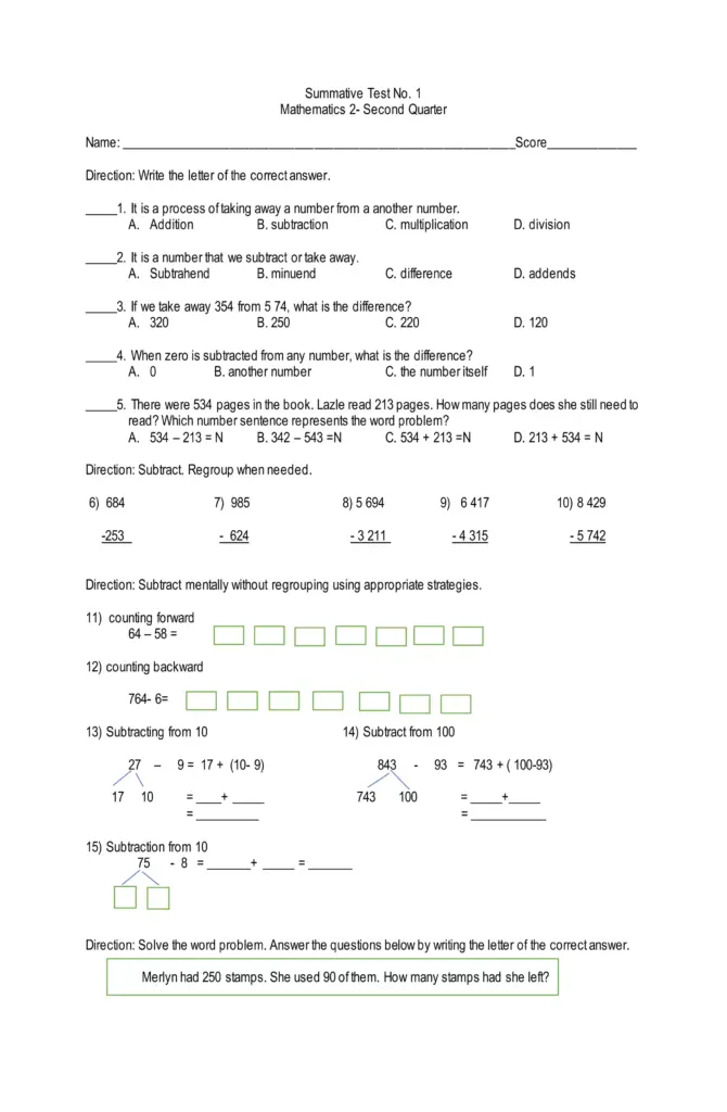 Summative Assessment for Seco D Grade Math Worksheets
