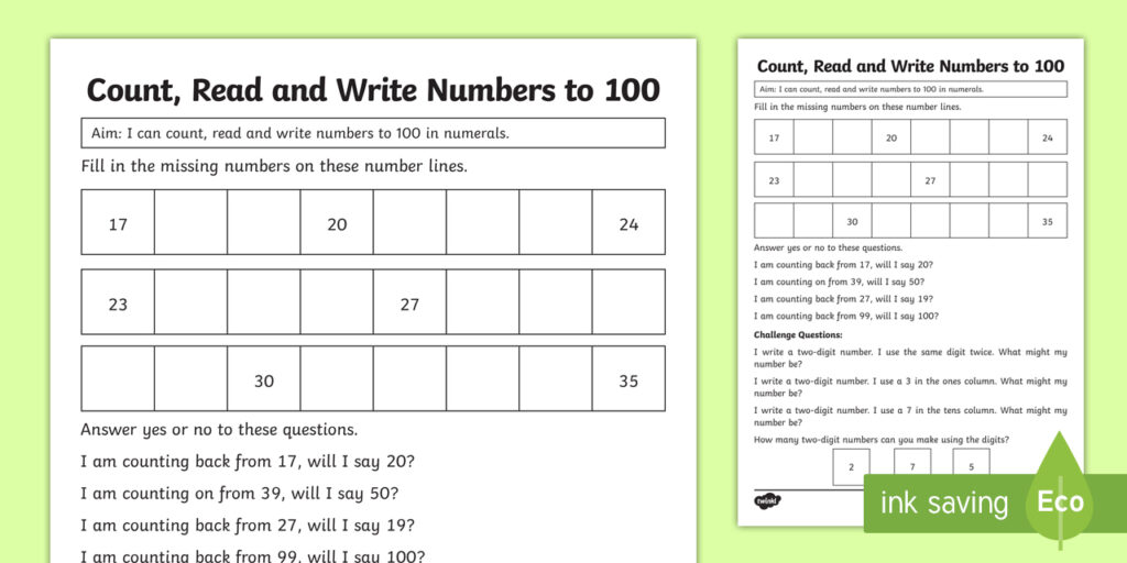 Count, Read and Write Numbers to 100 Worksheet Count, Read and Write Numbers to 100 worksheet for early math mastery