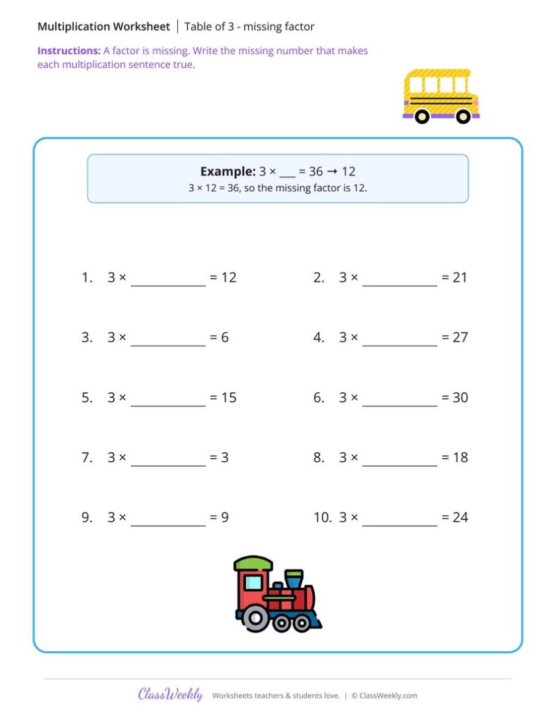 Table of 3 – missing factor – Free 2nd Grade Math Worksheet Table of 3 - missing factor - Free 2nd Grade Math Worksheet