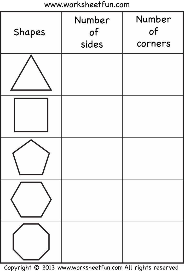Printable worksheet for shapes, sides, and corners in Teacher's Corner Math Worksheets