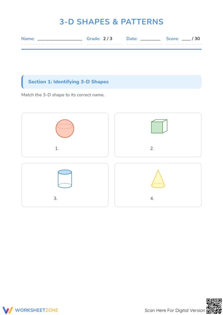Interactive Teejay Maths Level D Worksheets featuring 3D shapes patterns for students to identify