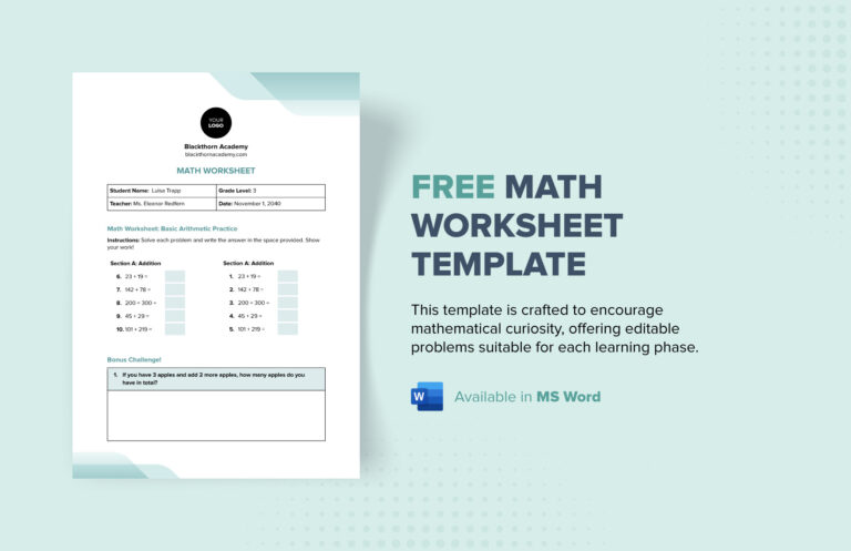 Template For A Math Worksheet - Free For A Math Worksheet featuring editable problems for various learning phases