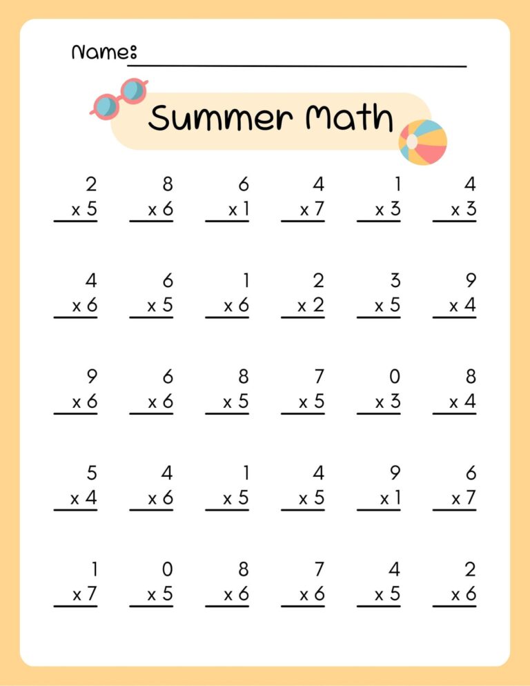 Templates For Math Worksheets Word - Free printable summer math worksheet for 3rd grade with multiplication problems