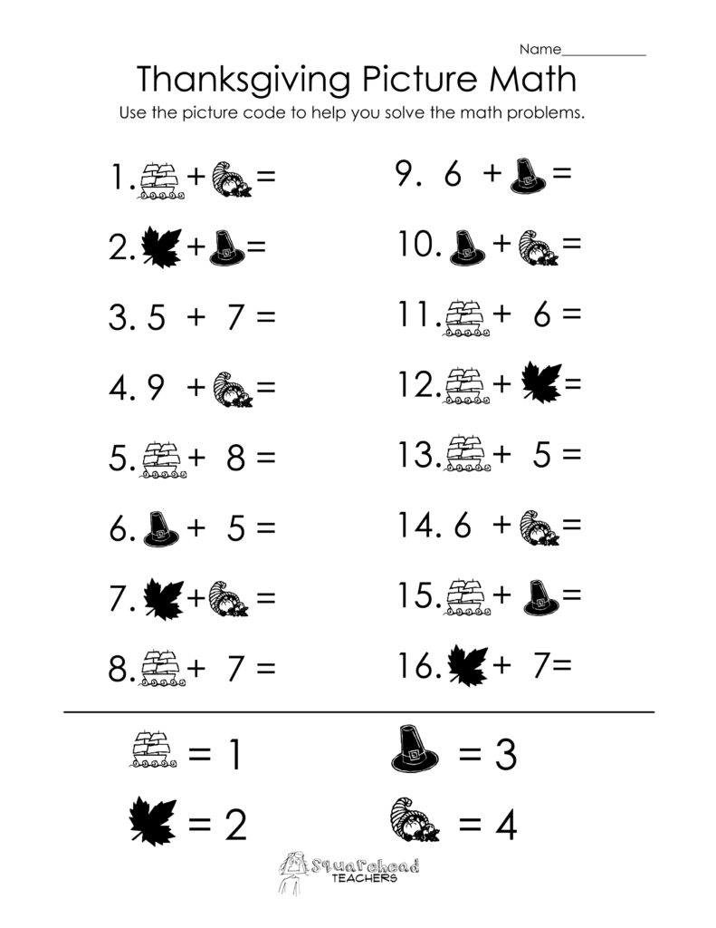 Thanksgiving Picture Math Free Worksheets for Kids Interactive Thanksgiving picture math worksheets with fun illustrations