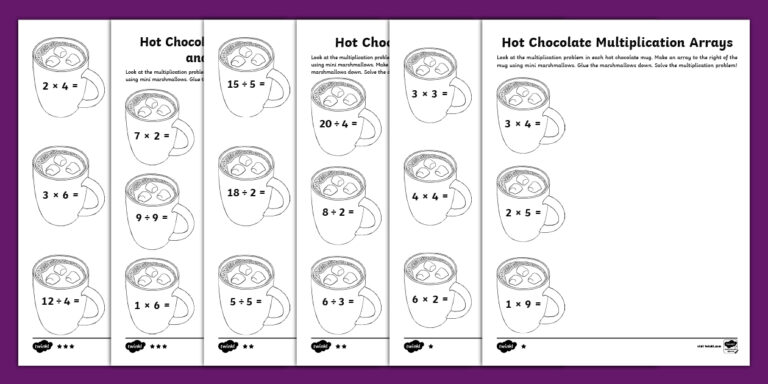 Engaging math worksheet featuring hot chocolate multiplication arrays for kids, The Jolt Bakery Math Worksheet