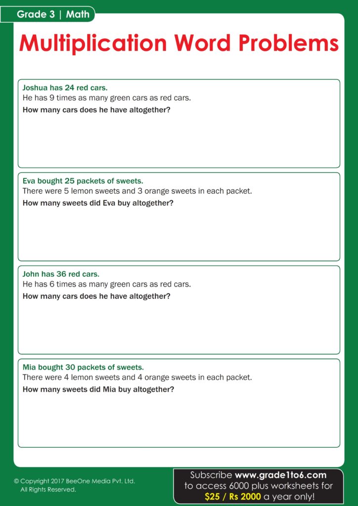 Multiplication Word Problems for Class 3 ICSE Students Multiplication word problems worksheet for third-grade ICSE students