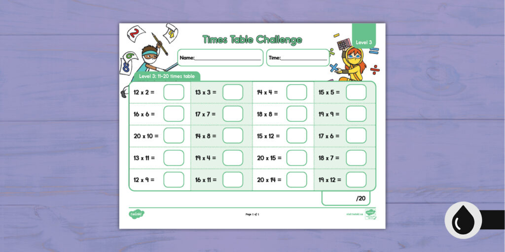 Printable Times Table Challenge Level 3 worksheet with various multiplication problems