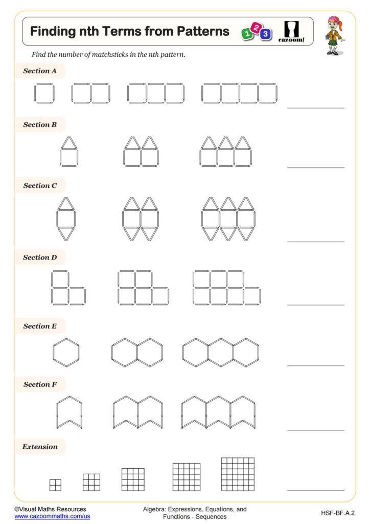 Tons Of Free Math Worksheets - Printable worksheet for finding nth terms patterns featuring various shapes and sections